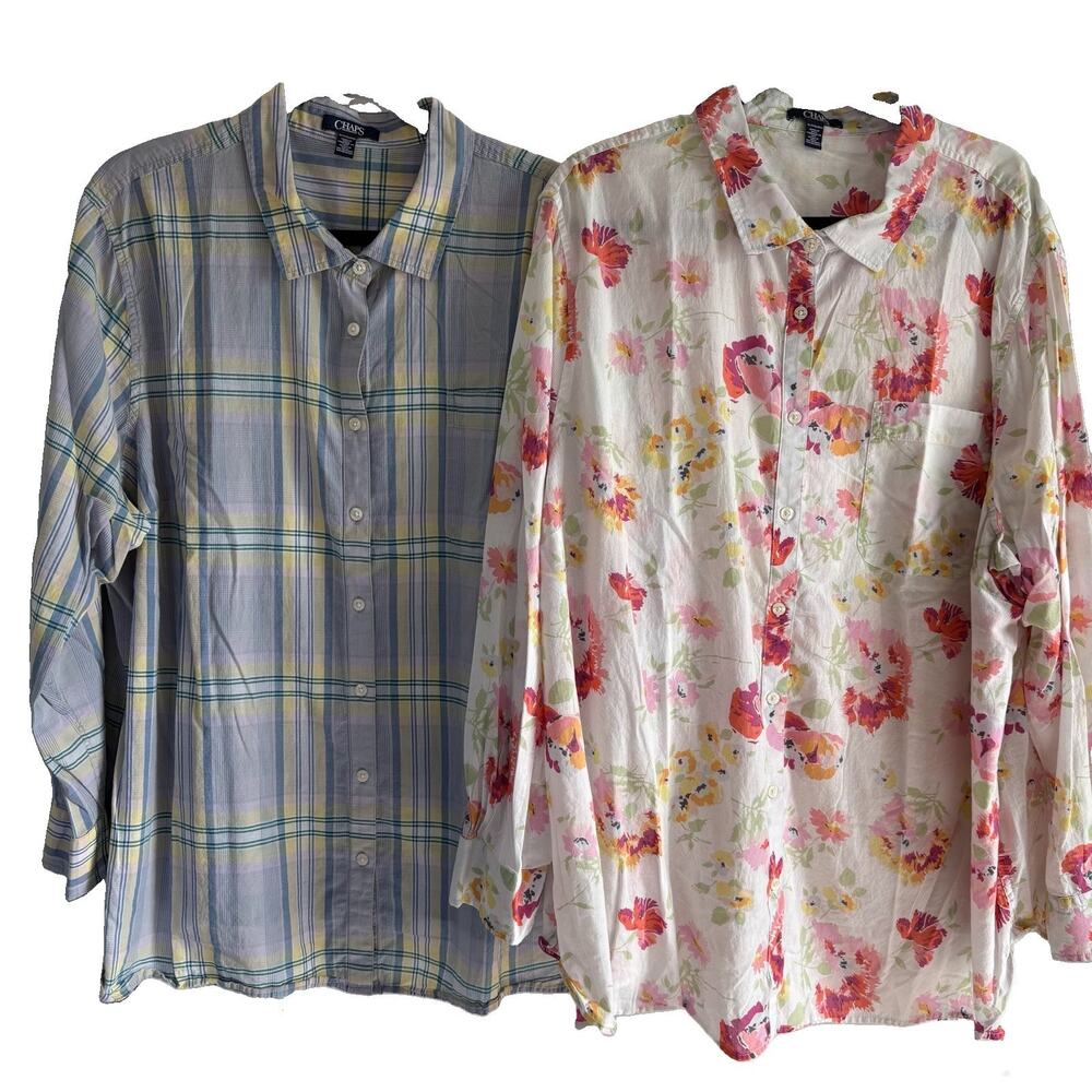 Set of 2 Chaps Long Sleeve Button Down Shirts Floral & Plaid Lightweight Cotton